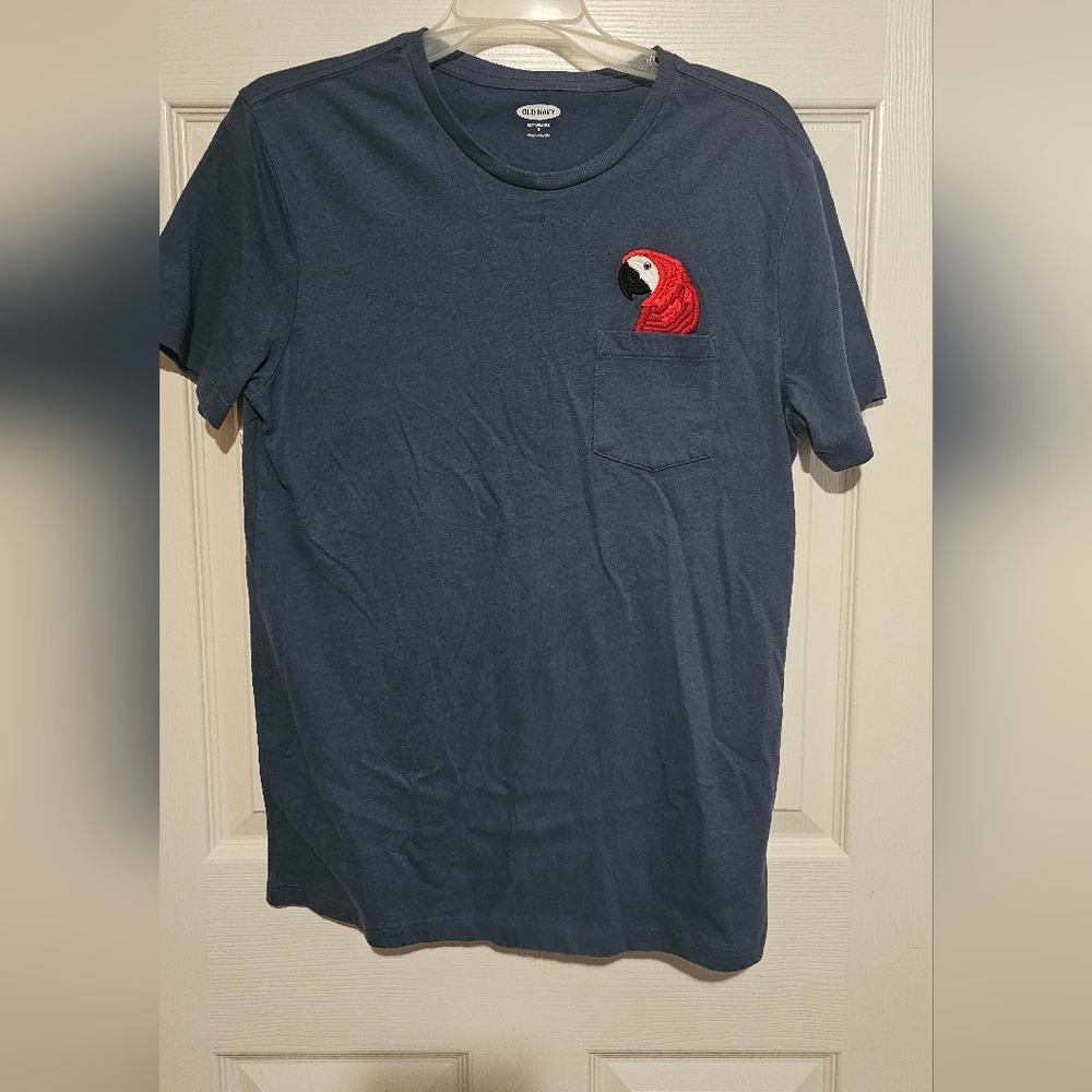 Old Navy Blue Gray T-Shirt with Parrot Embroidery Pocket Sz S